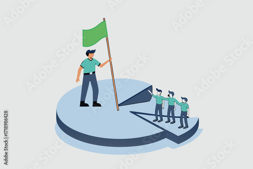Business winning market share, successful entrepreneur businessman with flag standing in pie board defeating competitors.