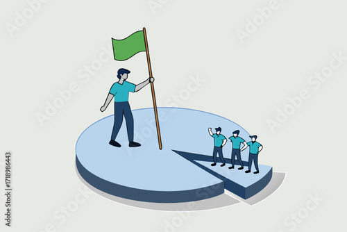 Business winning market share, successful entrepreneur businessman with flag standing in pie board defeating competitors.