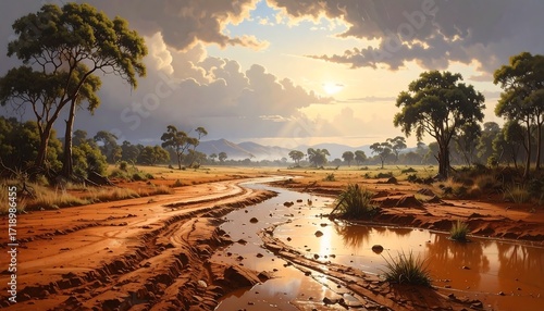 Peaceful savanna landscape with mist in warm light