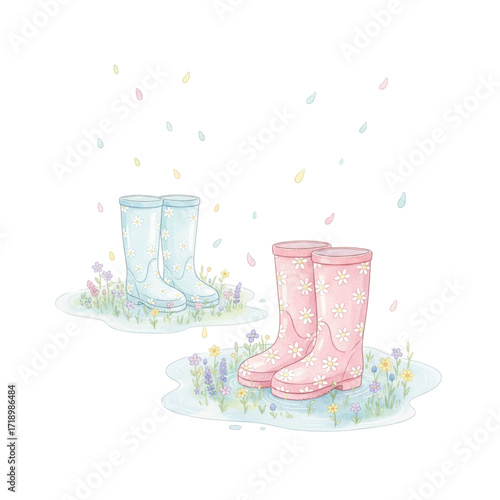 Vector illustration of a pastel rain boots standing in flower puddles, and flowers on a pink pattern