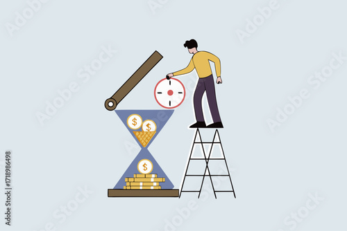 Time is money, businessman investor puts clock pieces, clock, alarm clock and timer into an hourglass to make the return on investment fall.