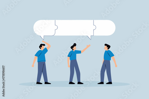 Compromise to get solution in business meeting, a team of businessmen in puzzle connected with a speech bubble.