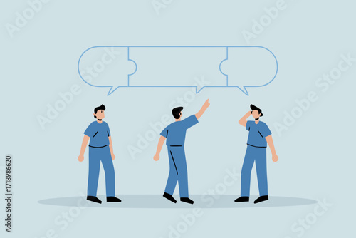 Compromise to get solution in business meeting, a team of businessmen in puzzle connected with a speech bubble.