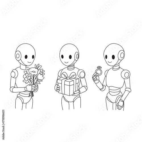 line vector set of robot with present boxes