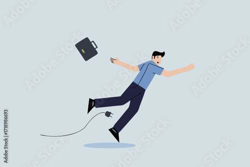 clumsy businessman tripping over power cord electrical plug that fell to the floor.