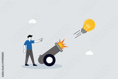 Launch new business idea, smart business entrepreneur starts light bulb idea with a powerful cannon.