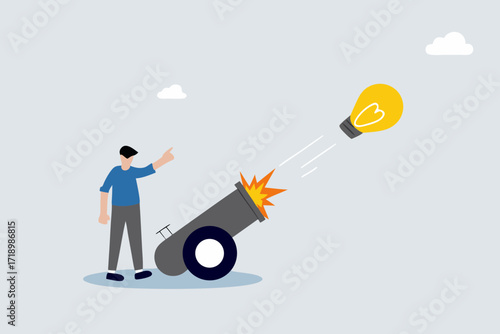 Launch new business idea, smart business entrepreneur starts light bulb idea with a powerful cannon.