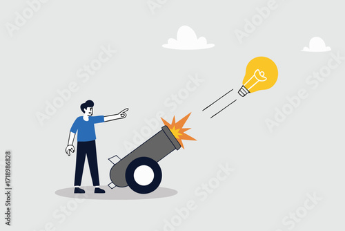 Launch new business idea, smart business entrepreneur starts light bulb idea with a powerful cannon.