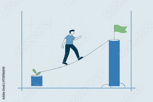 Career challenge, businesswoman walking on the rope up to higher goal.