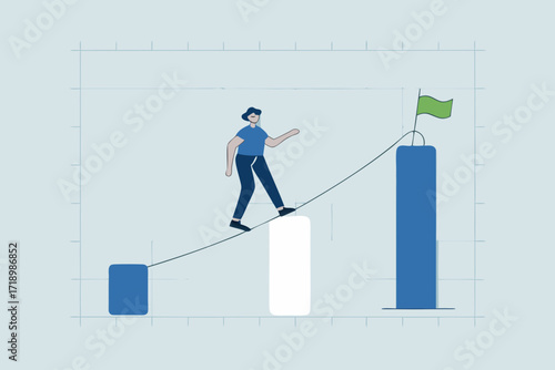 Career challenge, businesswoman walking on the rope up to higher goal.