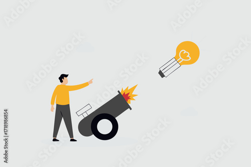 Launch new business idea, smart business entrepreneur starts light bulb idea with a powerful cannon.