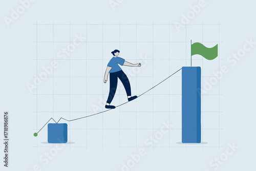 Career challenge, businesswoman walking on the rope up to higher goal.
