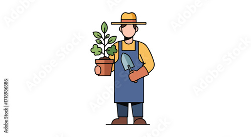 Illustration of a gardener character holding a potted plant and gardening tool against a white background offering a peaceful gardening concept