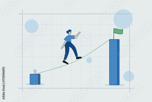 Career challenge, businesswoman walking on the rope up to higher goal.