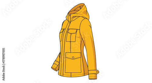 Detailed Yellow Hooded Parka Illustration on White Background Depicting Casual Outerwear for Style and Comfort. With pockets and buttoned sleeves