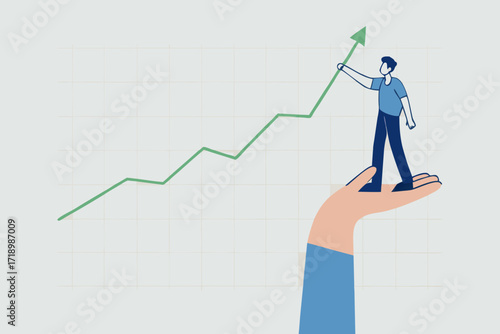 Drive sale increasing profit, businessman stands with helping hand and pulls up rising graph.