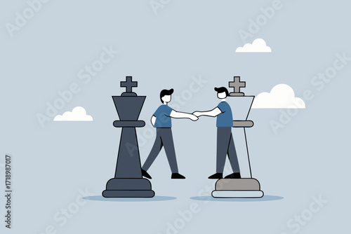 Negotiation strategy, business competitors stand in check after final pressure.