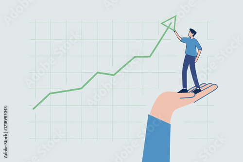 Drive sale increasing profit, businessman stands with helping hand and pulls up rising graph.