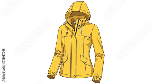 Vibrant yellow hooded jacket on white backdrop showcasing design elements and style details for outdoor activities and fashion appeal
