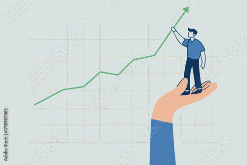 Drive sale increasing profit, businessman stands with helping hand and pulls up rising graph.