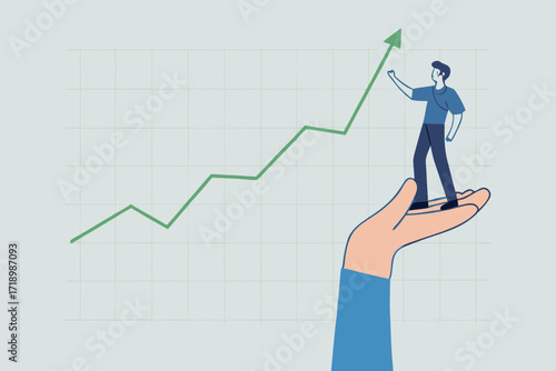 Drive sale increasing profit, businessman stands with helping hand and pulls up rising graph.