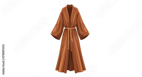 Elegant brown robe with a tie sash floating on a white backdrop showcasing simple design and form conveying warmth and comfort for relaxation