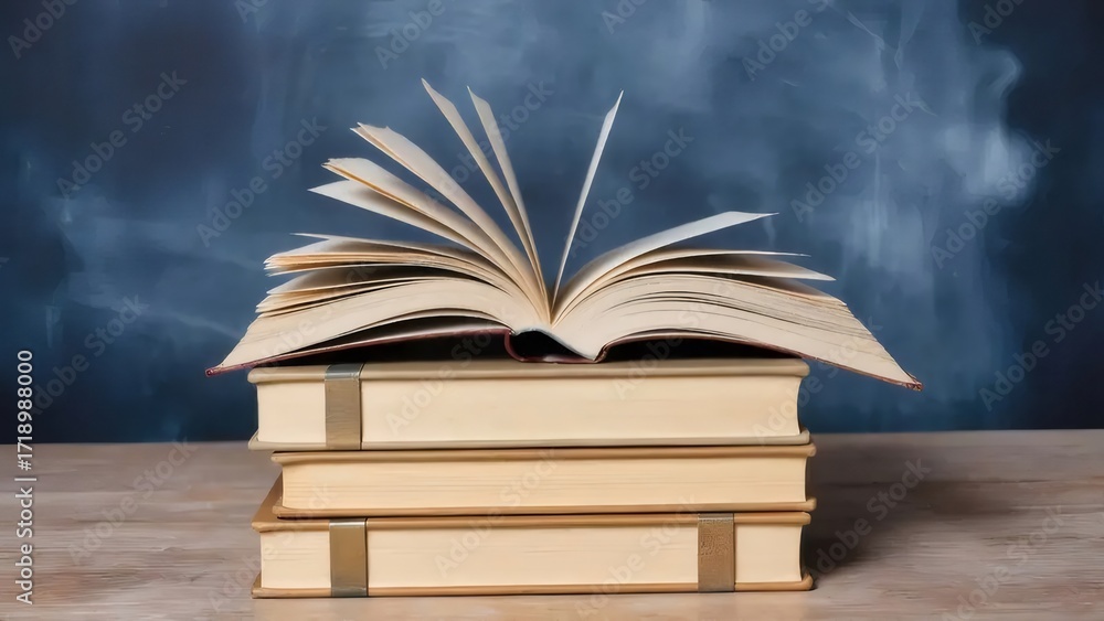 Fototapeta premium Open Book on Stacked Books Before Dark Blue