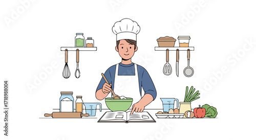A chef preparing a meal in the kitchen following a recipe, with visible ingredients and kitchen utensils adding a warm and welcoming ambiance to the
