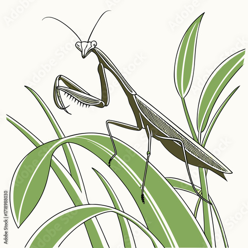 A detailed praying mantis vector illustration is isolated on a white background, highlighting the insect's intricate green eyes and legs