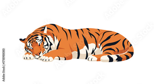 Resting tiger illustration with orange fur and black stripes on a white background artful depiction