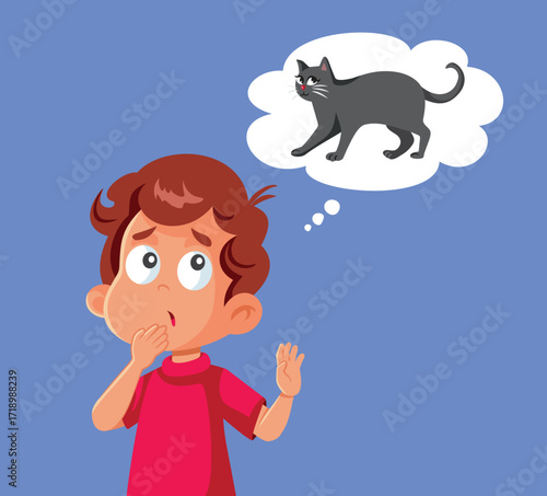 Child Thinking of a Black Cat as Bad Luck Vector. Little boy feeling scared of a feline because her color is associated with misfortune 
