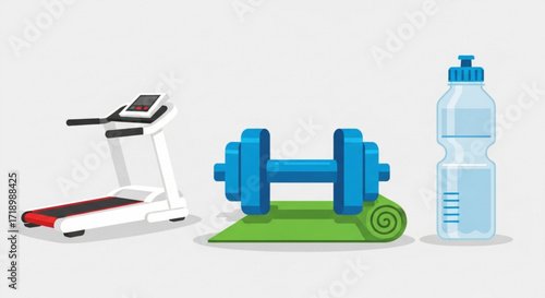 Fitness equipment treadmill dumbbell water bottle for workout exercise and healthy lifestyle illustration