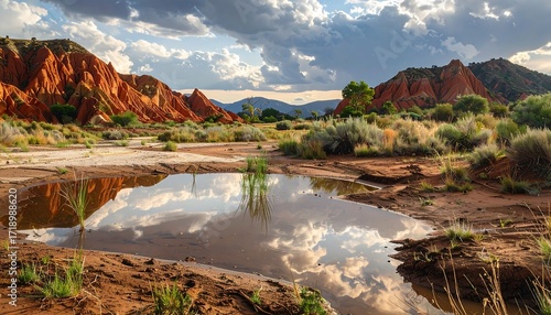 Red rock formations reflected in a desert pool