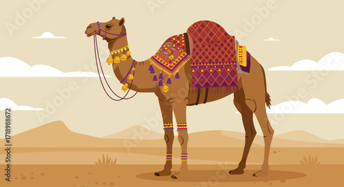 A beautifully adorned camel, a symbol of the Pushkar Camel Fair, is presented in a modern flat design style. This illustration highlights the vibrant culture and traditional decorations of the event.