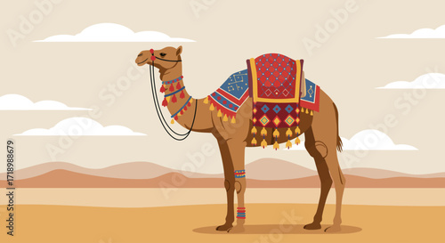 A beautifully adorned camel, a symbol of the Pushkar Camel Fair, is presented in a modern flat design style. This illustration highlights the vibrant culture and traditional decorations of the event.