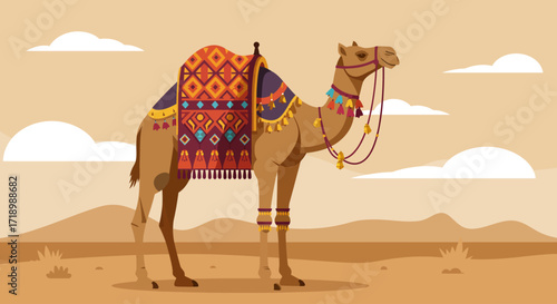 A beautifully adorned camel, a symbol of the Pushkar Camel Fair, is presented in a modern flat design style. This illustration highlights the vibrant culture and traditional decorations of the event.