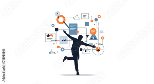 Silhouette figure with interconnected graphs illustrates triumphant data analysis and strategic development within complex systems offering a