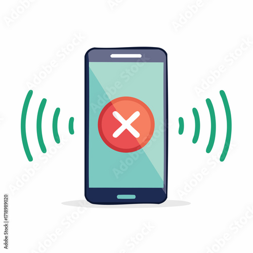 A smartphone displaying a red circle with a white cross, indicating an error or rejection, with sound waves emanating from its sides.