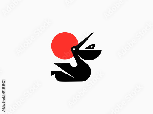 Modern pelican logo design with fish against vibrant sun, symbolizing coastal charm and wildlife conservation efforts seamlessly