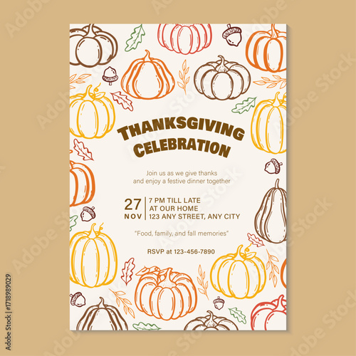 Thanksgiving celebration dinner invitation with colourful hand-drawn pumpkins and autumn leaves. Vector illustration hand drawn thanksgiving dinner invitation template.