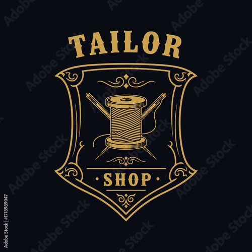 Vintage tailor shop logo with spool of thread and needles in shield.