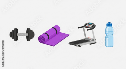 Gym equipment vector illustration featuring dumbbell yoga mat treadmill and water bottle for fitness and exercise