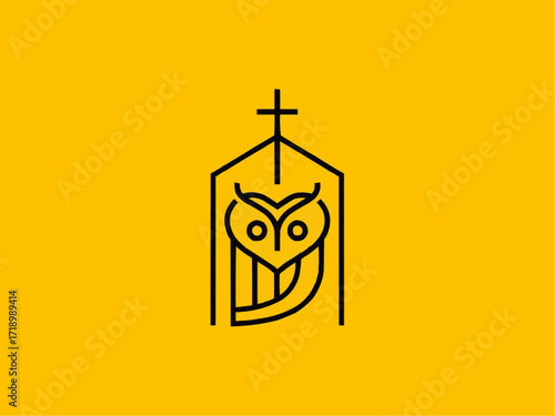 Wise owl emblem inside church silhouette symbolizes knowledge, faith, and spiritual guidance for modern brands