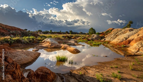 Reflective pools dot clay land with rugged hills