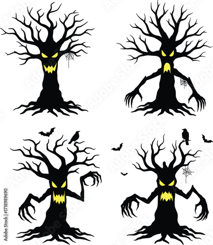 Four spooky halloween trees with glowing yellow eyes and sharp claws haunting forest