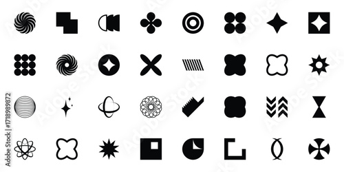 Abstract brutalist shapes. Geometric contemporary y2k figures, bauhaus graphic elements, star, circle and flower shapes flat set. Modern design shapes collection vector illustration. EPS 10