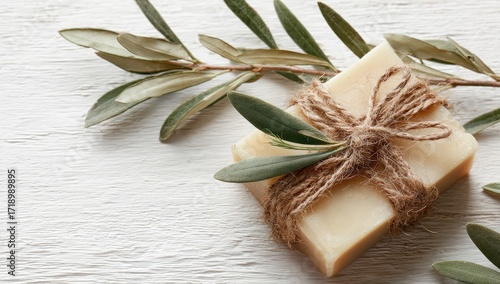 Natural soap bar tied with twine, surrounded by olive leaves on a white wooden surface