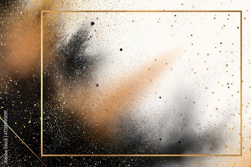 Abstract art with gold frame,  splashes of black, gold, and peach