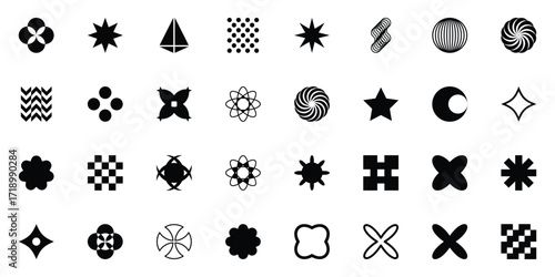Abstract brutalist shapes. Geometric contemporary y2k figures, bauhaus graphic elements, star, circle and flower shapes flat set. Modern design shapes collection vector illustration. EPS 10