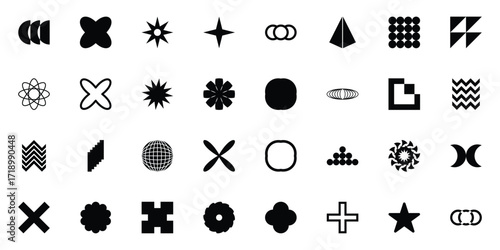 Abstract brutalist shapes. Geometric contemporary y2k figures, bauhaus graphic elements, star, circle and flower shapes flat set. Modern design shapes collection vector illustration. EPS 10
